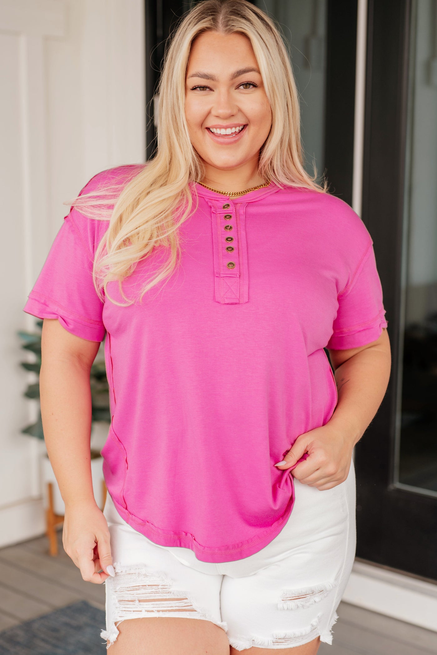 On A Whim Pink Raw Hem Henley Tee|Corner Stone Spa Boutique-Tops- Corner Stone Spa and Salon Boutique in Stoughton, Wisconsin