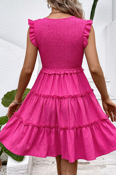 Smocked Frill Trim Deep V Dress- Corner Stone Spa and Salon Boutique in Stoughton, Wisconsin