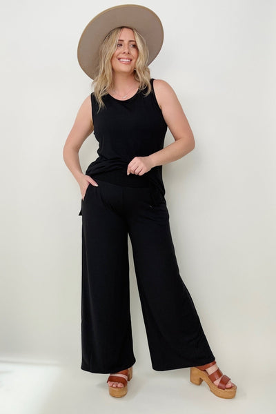 Zenana Smocked Waistband Wide Leg Pants-Pants- Corner Stone Spa and Salon Boutique in Stoughton, Wisconsin