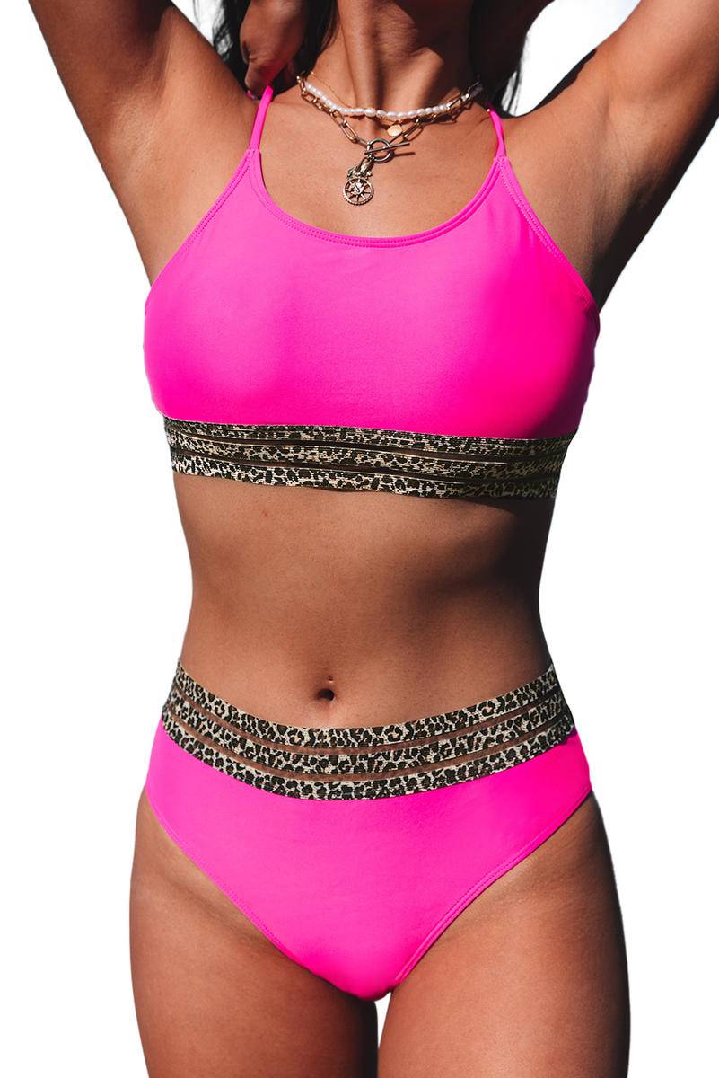 Rose Leopard Mesh Trim 2Pcs Bikini Swimsuit-Bikinis- Corner Stone Spa and Salon Boutique in Stoughton, Wisconsin