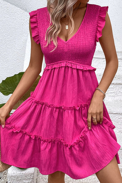 Smocked Frill Trim Deep V Dress- Corner Stone Spa and Salon Boutique in Stoughton, Wisconsin