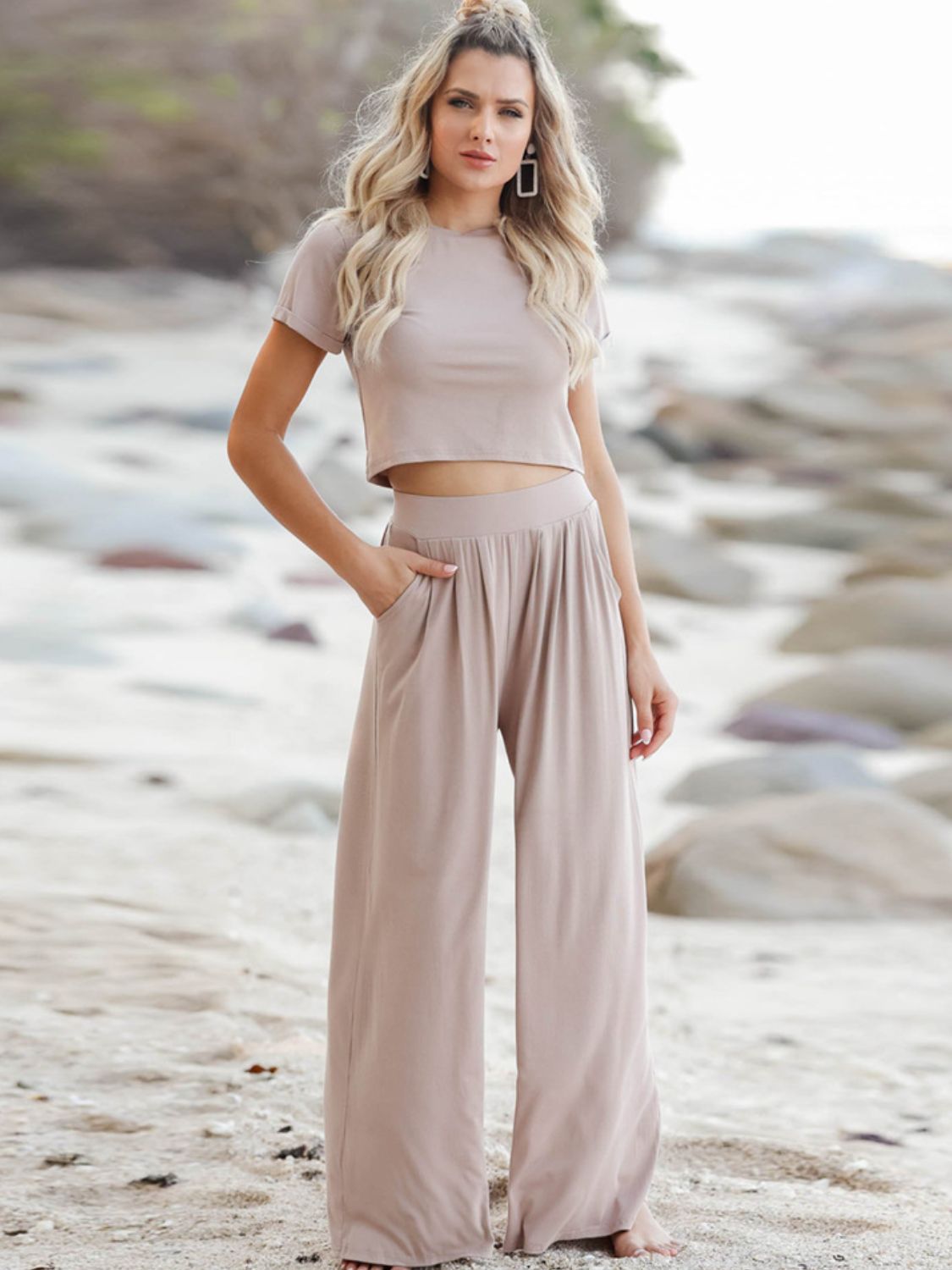 Short Sleeve T-Shirt and Wide Leg Pants Set- Corner Stone Spa and Salon Boutique in Stoughton, Wisconsin