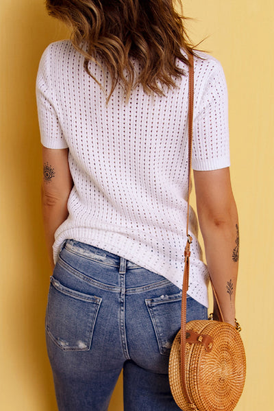 Openwork Ribbed Trim Short Sleeve Top- Corner Stone Spa and Salon Boutique in Stoughton, Wisconsin