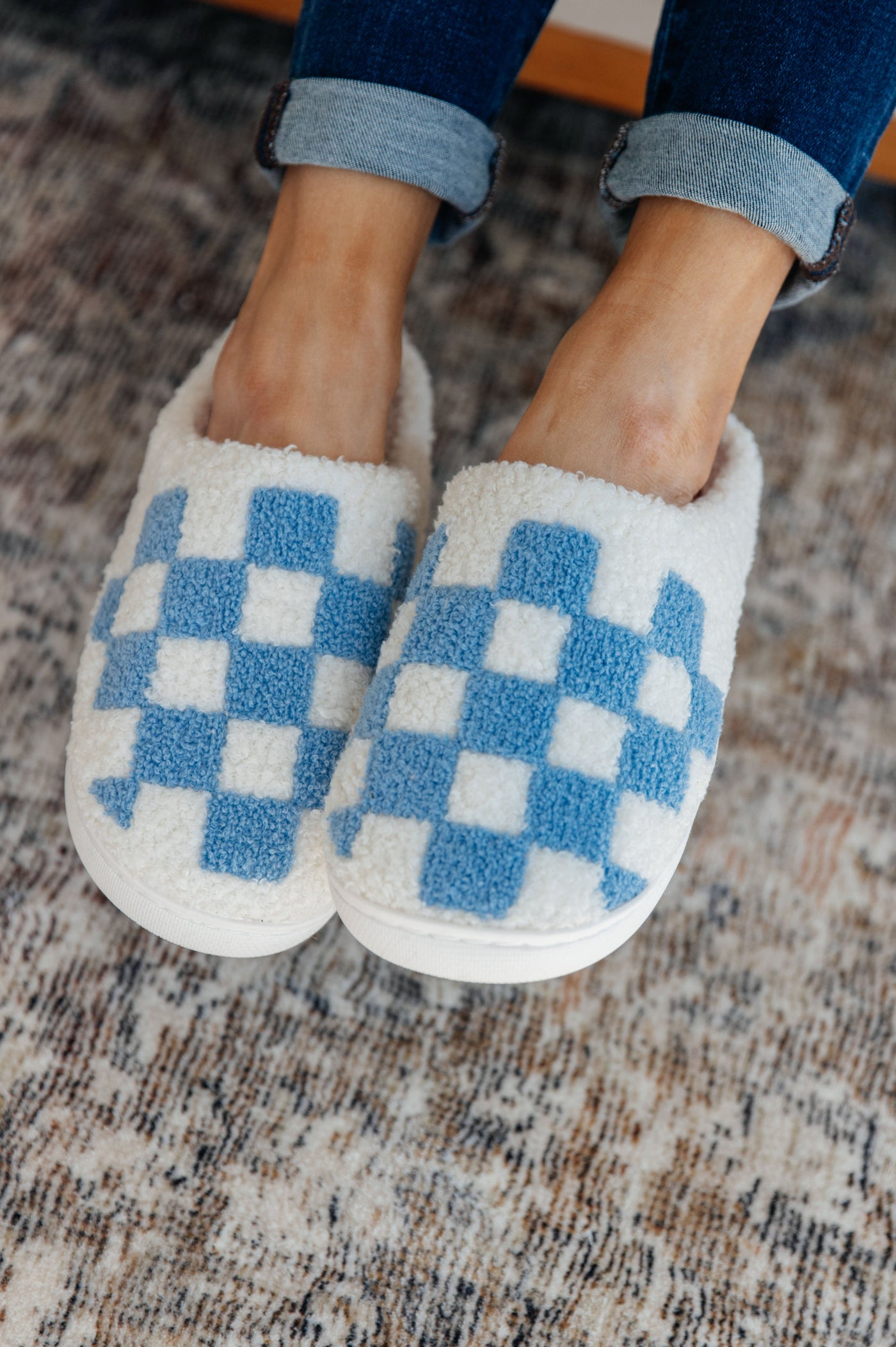 Checked Out Slippers in Blue|Corner Stone Spa Boutique-Womens- Corner Stone Spa and Salon Boutique in Stoughton, Wisconsin