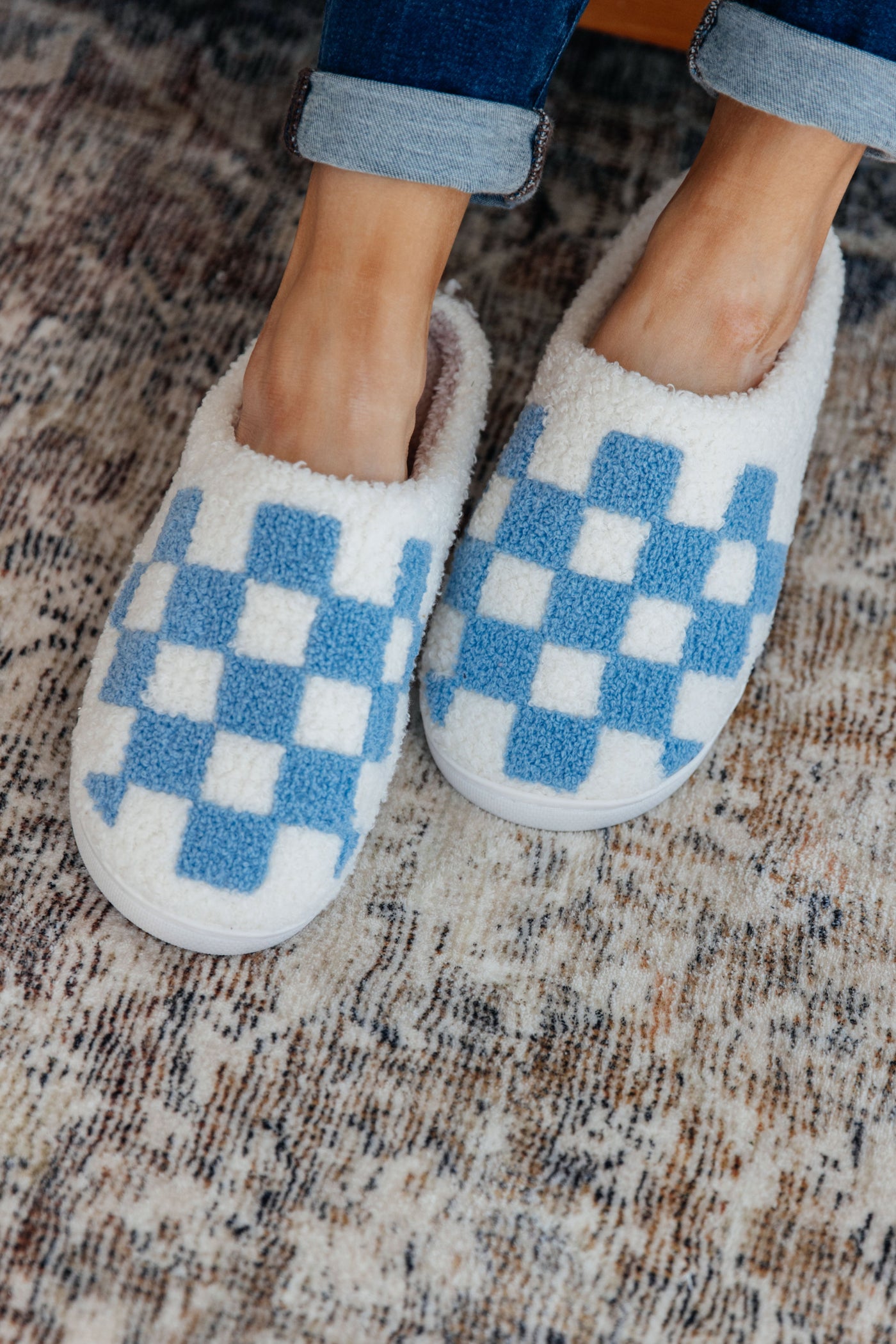 Checked Out Slippers in Blue|Corner Stone Spa Boutique-Womens- Corner Stone Spa and Salon Boutique in Stoughton, Wisconsin