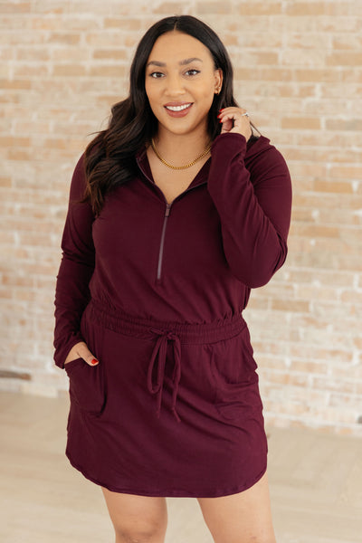 Getting Out Long Sleeve Hoodie Romper in Maroon|Corner Stone Spa Boutique-Athleisure- Corner Stone Spa and Salon Boutique in Stoughton, Wisconsin
