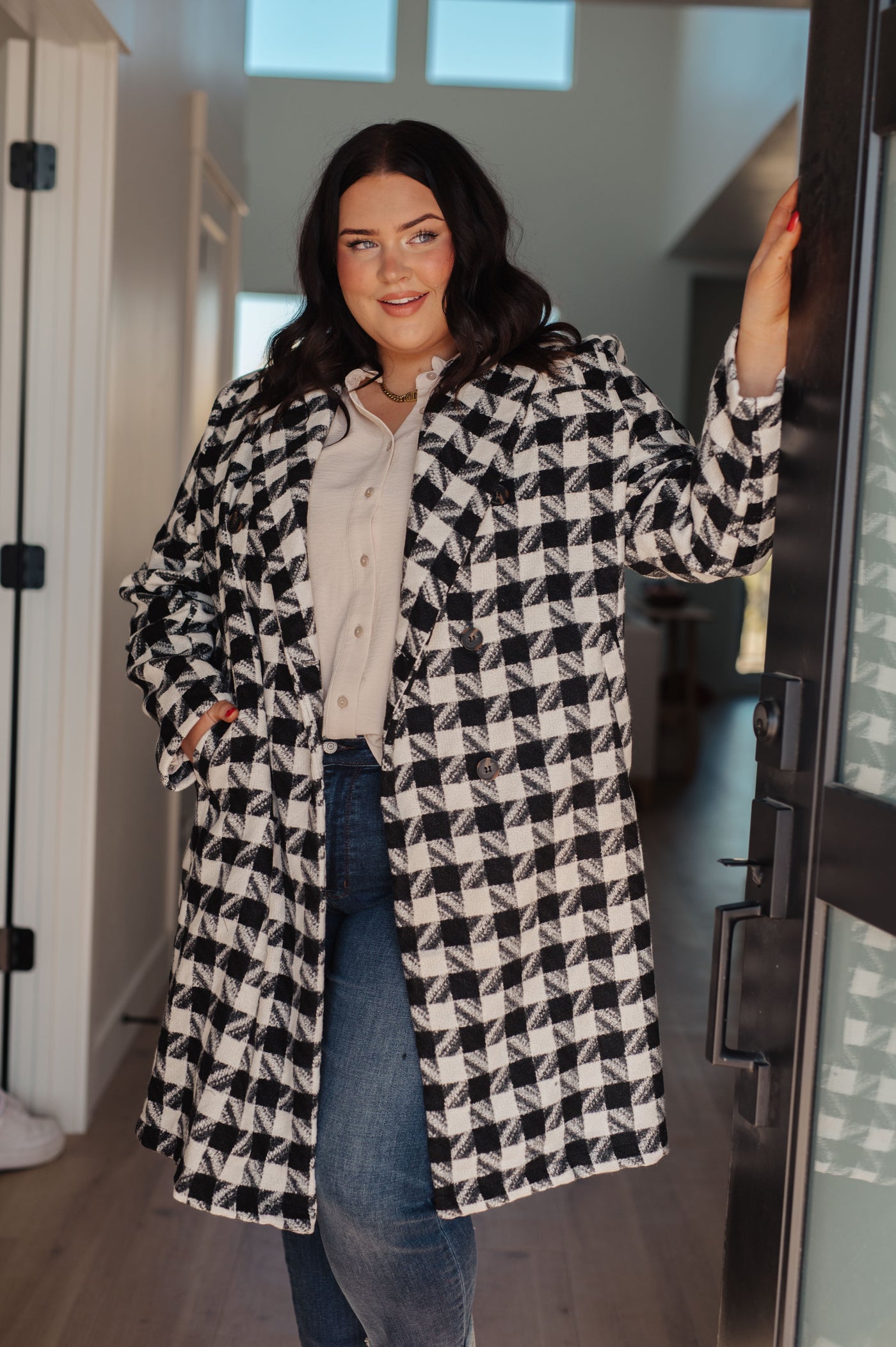 Monochromatic Moment Houndstooth Coat|Corner Stone Spa Boutique-Womens- Corner Stone Spa and Salon Boutique in Stoughton, Wisconsin