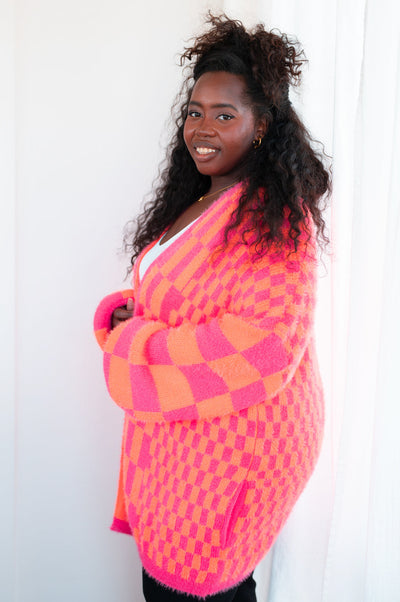 Noticed in Neon Checkered Cardigan in Pink and Orange|Corner Stone Spa Boutique-Womens- Corner Stone Spa and Salon Boutique in Stoughton, Wisconsin