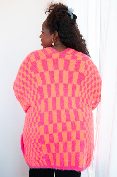 Noticed in Neon Checkered Cardigan in Pink and Orange|Corner Stone Spa Boutique-Womens- Corner Stone Spa and Salon Boutique in Stoughton, Wisconsin