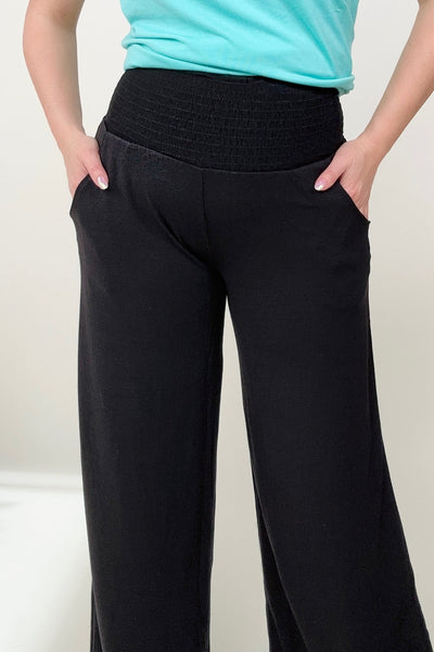 Zenana Smocked Waistband Wide Leg Pants-Pants- Corner Stone Spa and Salon Boutique in Stoughton, Wisconsin