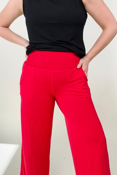 Zenana Smocked Waistband Wide Leg Pants-Pants- Corner Stone Spa and Salon Boutique in Stoughton, Wisconsin