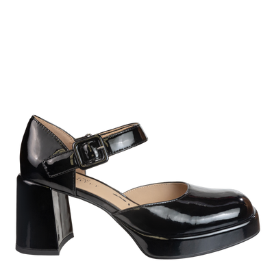 NAKED FEET - ESTONIA in BLACK PATENT Heeled Clogs-WOMEN FOOTWEAR- Corner Stone Spa and Salon Boutique in Stoughton, Wisconsin