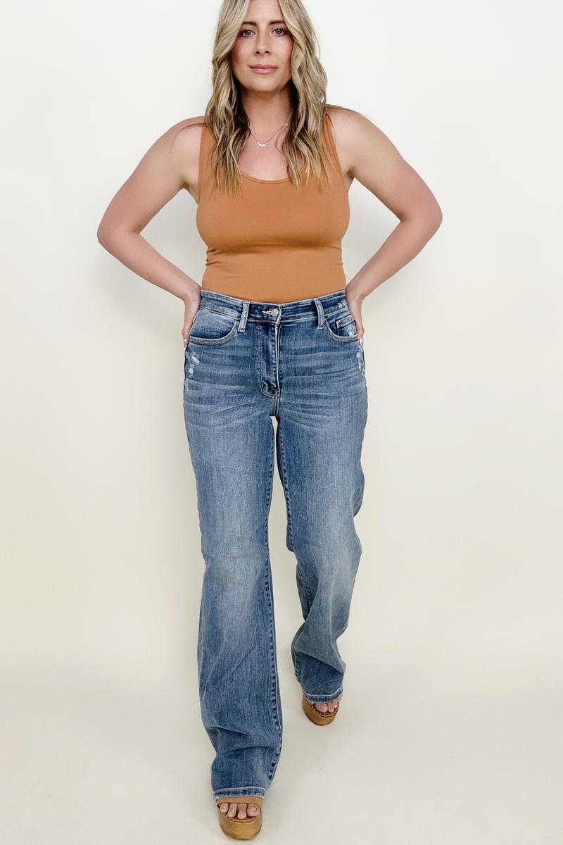 Judy Blue High Waist 90's Mild Destroy Straight Jeans-Jeans- Corner Stone Spa and Salon Boutique in Stoughton, Wisconsin